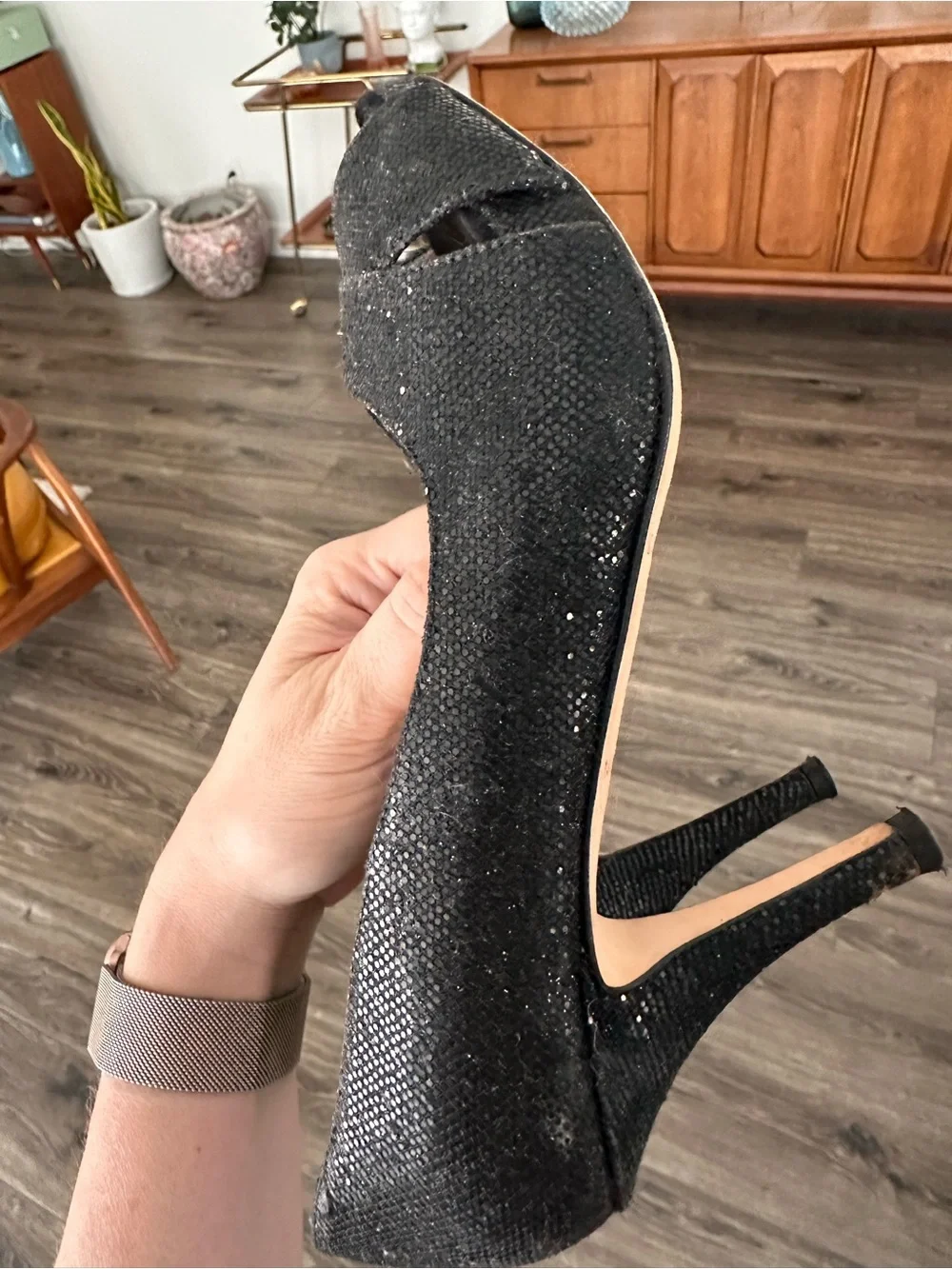 kate spade Black Sparkle Peep-Toe Heels